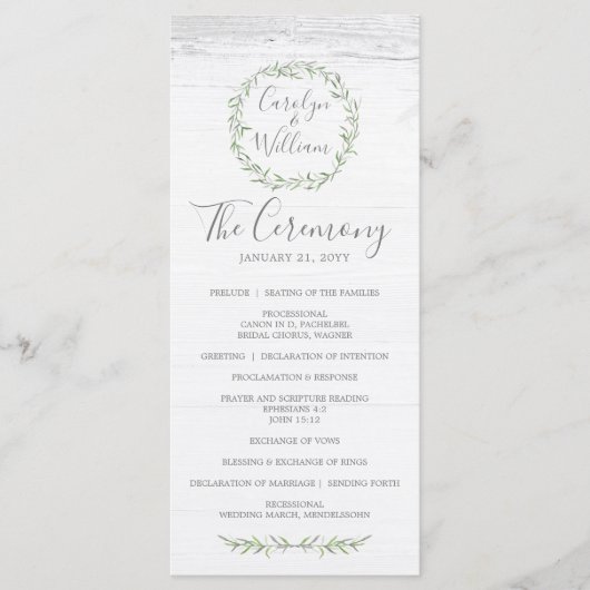 Rustiek hout & Botanische krans bruiloft programma Programmakaart (Voorkant)