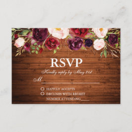 Rustiek Hout Bourgogne Bloemen Bruiloft RSVP Kaartje