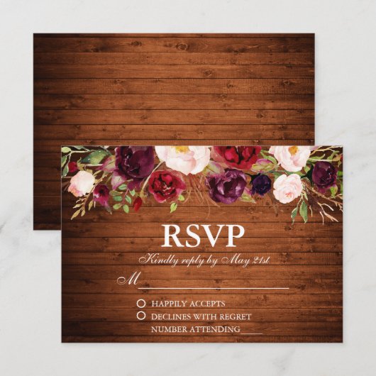 Rustiek Hout Bourgogne Bloemen Bruiloft RSVP Kaartje (Voorkant / Achterkant)