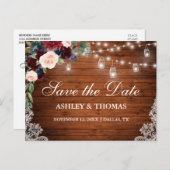 Rustiek Hout Bourgondië Blauw Bloemen Save The Dat Aankondigingskaart (Voorkant / Achterkant)