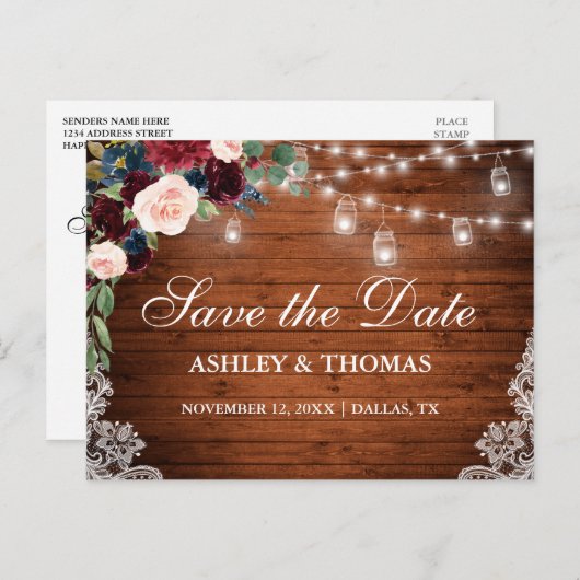 Rustiek Hout Bourgondië Blauw Bloemen Save The Dat Aankondigingskaart (Voorkant / Achterkant)