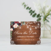 Rustiek Hout Bourgondië Blauw Bloemen Save The Dat Aankondigingskaart (Staand voorkant)