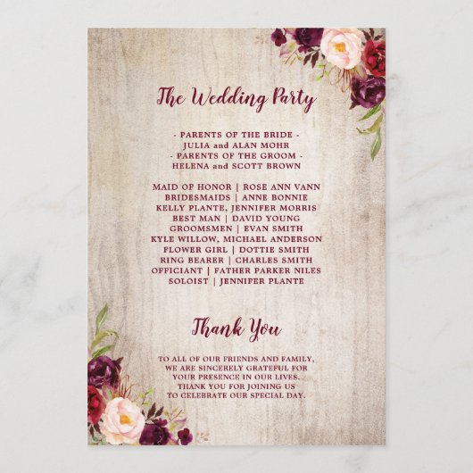 Rustiek Hout Bourgondië Bloemen Huwelijksceremonie Programmakaart (Achterkant)