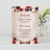 Rustiek Hout Bourgondië Bloemen Huwelijksceremonie Programmakaart (Staand voorkant)