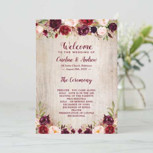 Rustiek Hout Bourgondië Bloemen Huwelijksceremonie Programmakaart (Staand voorkant)