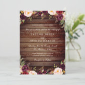 Rustiek Hout Bourgondië Bloemen Huwelijksuitnodigi Kaart (Staand voorkant)
