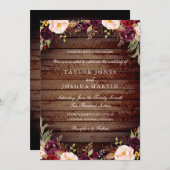 Rustiek Hout Bourgondië Bloemen Huwelijksuitnodigi Kaart (Voorkant / Achterkant)