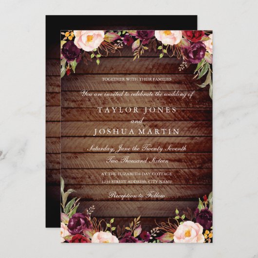 Rustiek Hout Bourgondië Bloemen Huwelijksuitnodigi Kaart (Voorkant / Achterkant)