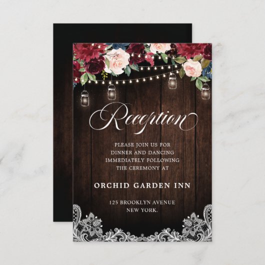 Rustiek Hout Bourgondië Bloemen Mason Jar Receptie Informatiekaartje (Voorkant / Achterkant)