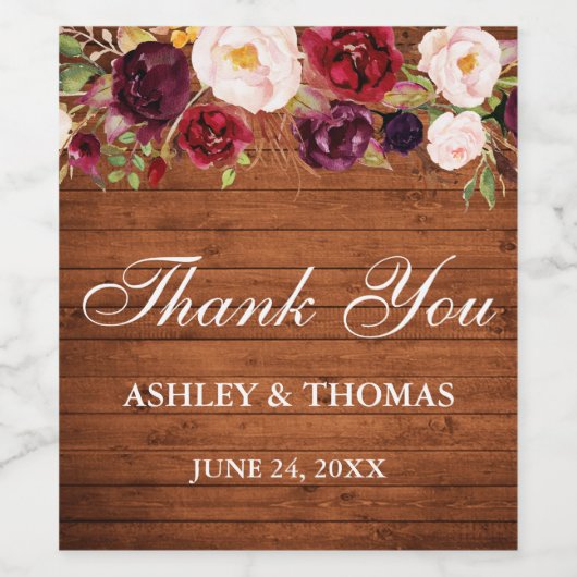 Rustiek hout Bourgondië bloemenbruiloft dank u Wijn Etiket (Enkel label)