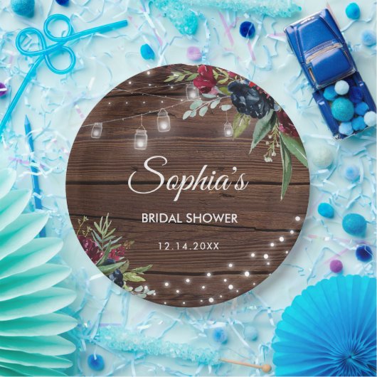 Rustiek hout Bourgondië Floral Lights Bridal Papieren Bordje (Feest)