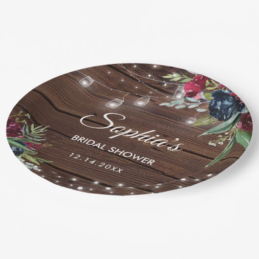 Rustiek hout Bourgondië Floral Lights Bridal Papieren Bordje (Gekanteld)