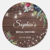 Rustiek hout Bourgondië Floral Lights Bridal Ronde Sticker (Voorkant)