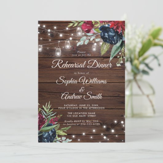 Rustiek Hout Bourgondië Floral Lights Diner Kaart (Staand voorkant)