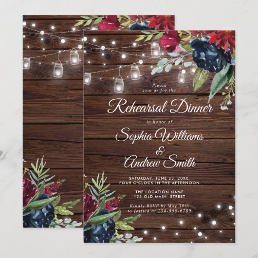 Rustiek Hout Bourgondië Floral Lights Diner Kaart (Voorkant / Achterkant)