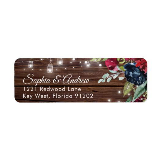 Rustiek Hout Bourgondië Floral Lights Trouwadres Etiket (Voorkant)