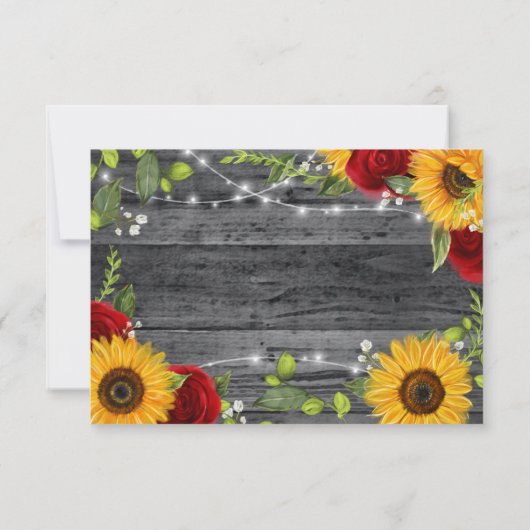 Rustiek Hout Bourgondië Rode Roos Zonnebloem Huwel RSVP Kaartje (Achterkant)