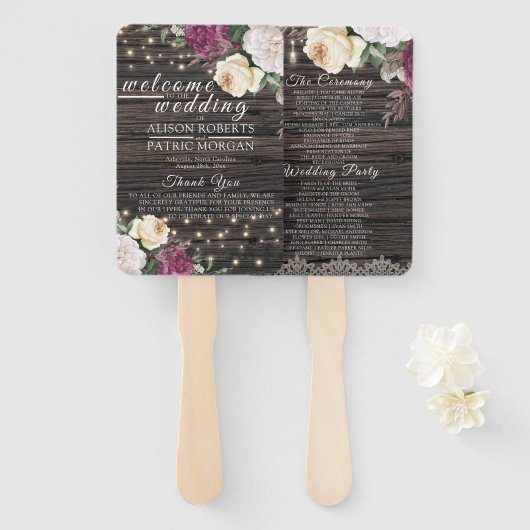 Rustiek hout bruiloft kant bloemenbruiloft program handwaaier (Voorkant en achterkant)