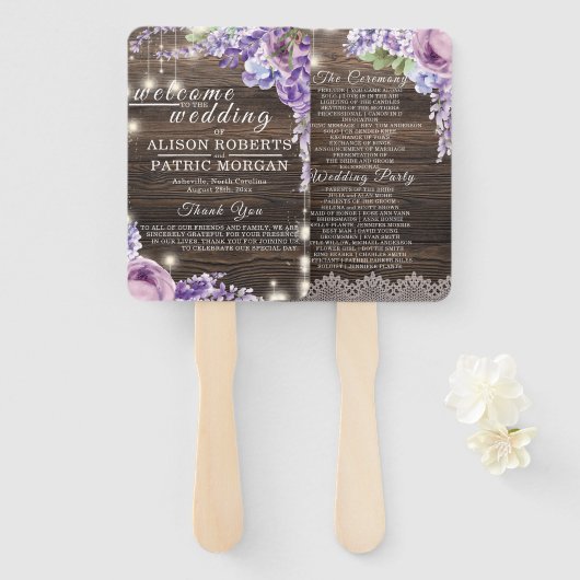 Rustiek hout bruiloft kant lavendel bruiloft progr handwaaier (Voorkant en achterkant)