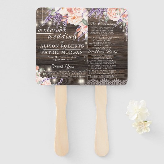 Rustiek hout bruiloft lavendel kant bruiloft progr handwaaier (Voorkant en achterkant)