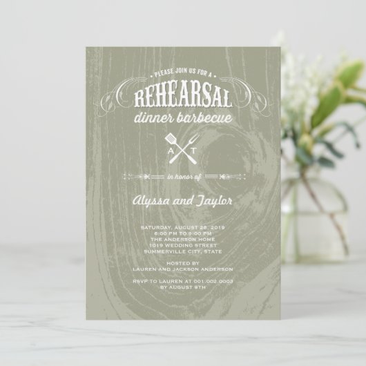 Rustiek hout bruiloft repetitie diner BBQ Party Kaart (Staand voorkant)