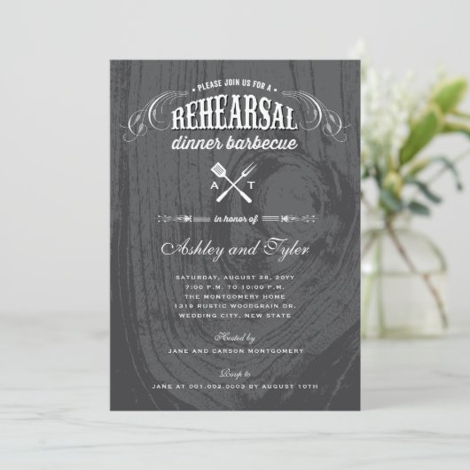 Rustiek hout bruiloft repetitie diner BBQ Party Kaart (Staand voorkant)