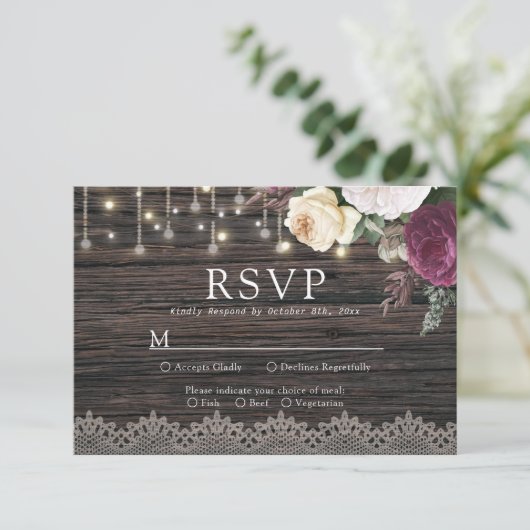 Rustiek hout Bruiloft RSVP met maaltijdkeuze (Staand voorkant)