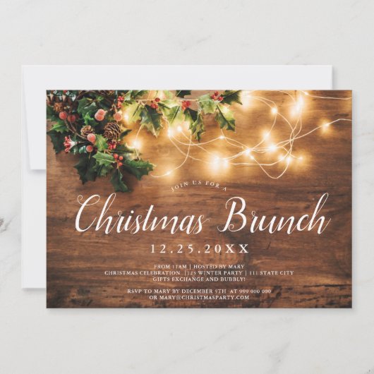 Rustiek hout bruin land verlichting Kerstbrunch Kaart (Voorkant)