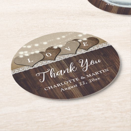 Rustiek Hout Burlap en kant bruiloft Dank u Ronde Kartonnen Onderzetter (Gebogen)