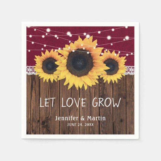 Rustiek Hout Burlap Kant Zonnebloem Bourgondië Huw Servet (Voorkant)