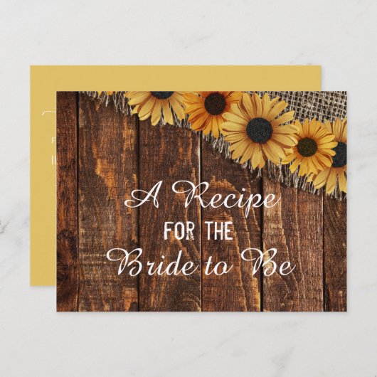 Rustiek Hout & Burlap Zonnebloem Bruid Recept Kaar Briefkaart (Voorkant / Achterkant)