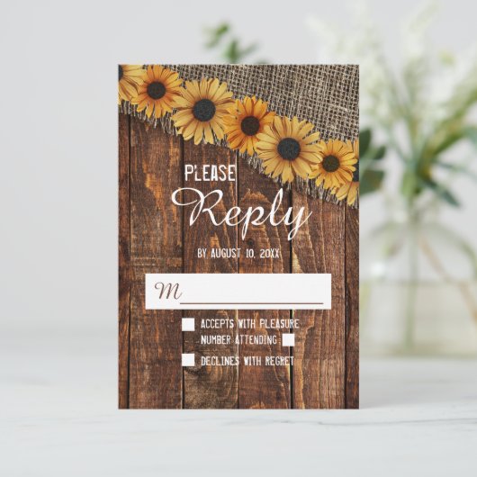 Rustiek Hout & Burlap Zonnebloem Bruiloft Antwoord (Staand voorkant)