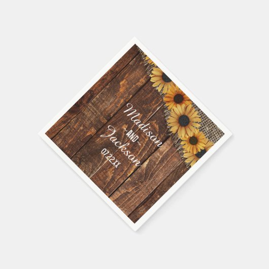 Rustiek Hout & Burlap Zonnebloem Monogram Bruiloft Servet (Hoek)