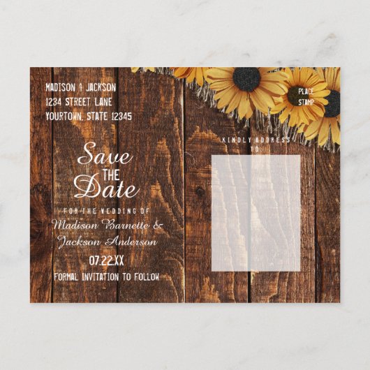 Rustiek Hout & Burlap Zonnebloem Save the Date Aankondigingskaart (Achterkant)