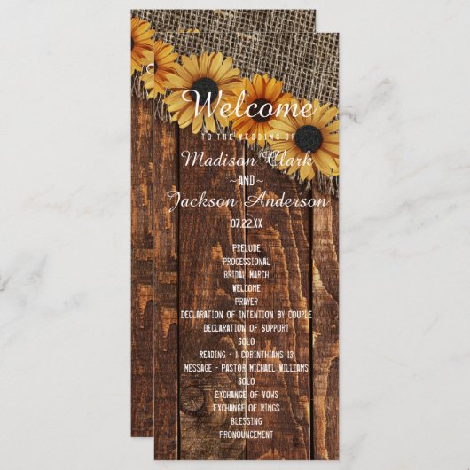Rustiek Hout & Burlap Zonnebloem Trouwprogramma Programmakaart (Voorkant / Achterkant)