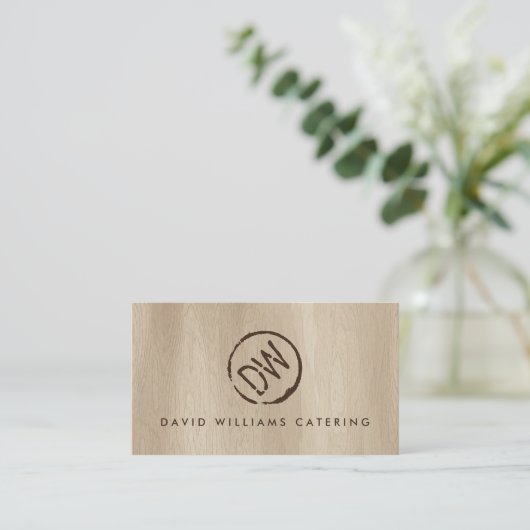 Rustiek Hout-Burned Gestempeld Monogram voor Cater Visitekaartje (Staand voorkant)