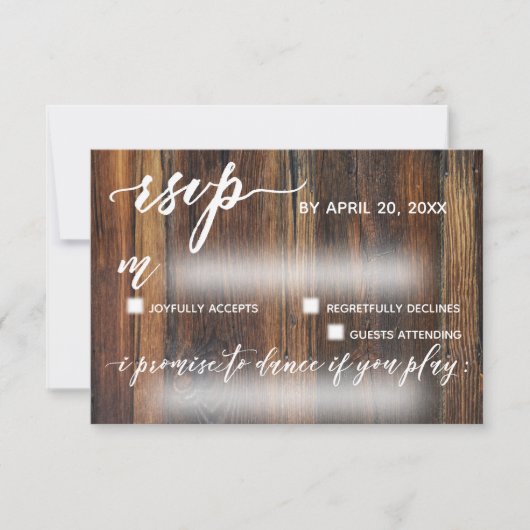 Rustiek Hout Casual met Song Verzoek Bruiloft RSVP Kaartje (Voorkant)