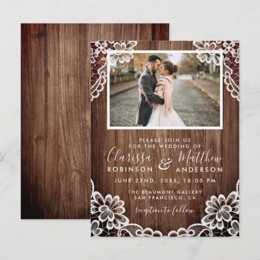 Rustiek Hout & Classy Lace Trouwfoto Uitnodiging Briefkaart (Voorkant / Achterkant)