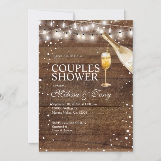 Rustiek Hout Cocktail String Lights Paar Douche Kaart (Voorkant)