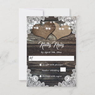 Rustiek Hout Country Hearts Floral Lace Wedding RSVP Kaartje