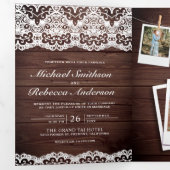 Rustiek Hout Country Lace Foto Collage Wedding Drieluik Uitnodiging (Binnenzijde eerst)