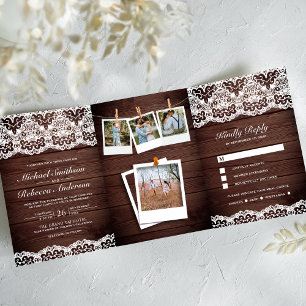 Rustiek Hout Country Lace Foto Collage Wedding Drieluik Uitnodiging