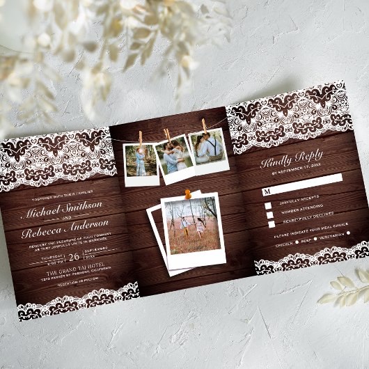 Rustiek Hout Country Lace Foto Collage Wedding Drieluik Uitnodiging