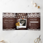 Rustiek Hout Country Lace String Lights Wedding Drieluik Uitnodiging (Binnen)