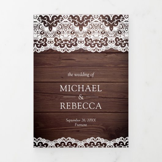 Rustiek Hout Country Lace String Lights Wedding Drieluik Uitnodiging (Cover)