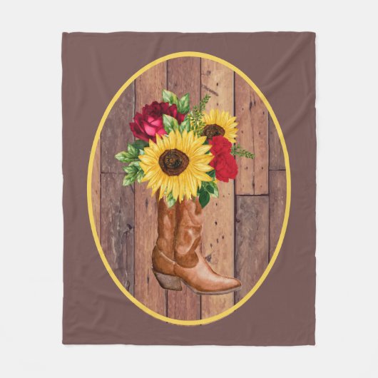 Rustiek Hout Cowgirl Laarzen Zonnebloemen Rozen Fl Fleece Deken (Voorkant)