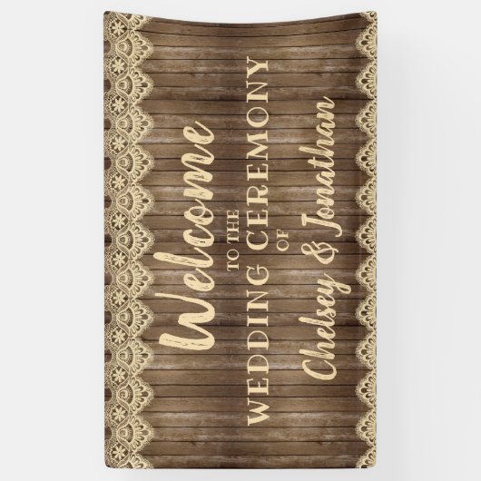 Rustiek Hout & Cream Kant Bruiloft Welkom Spandoek (Verticaal)