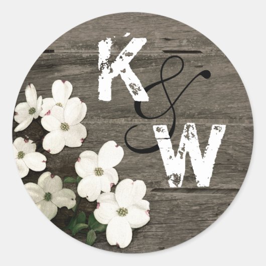 Rustiek Hout & Dog Blooms Monogram Sticker (Voorkant)