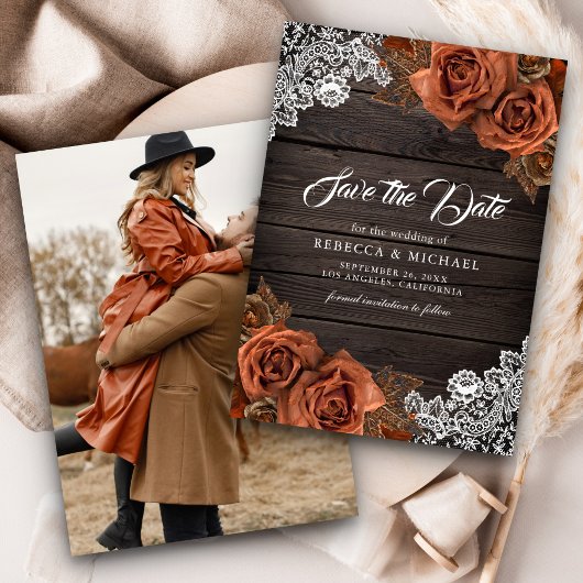 Rustiek Hout Dusty Terracotta Roos Trouwfoto Save The Date