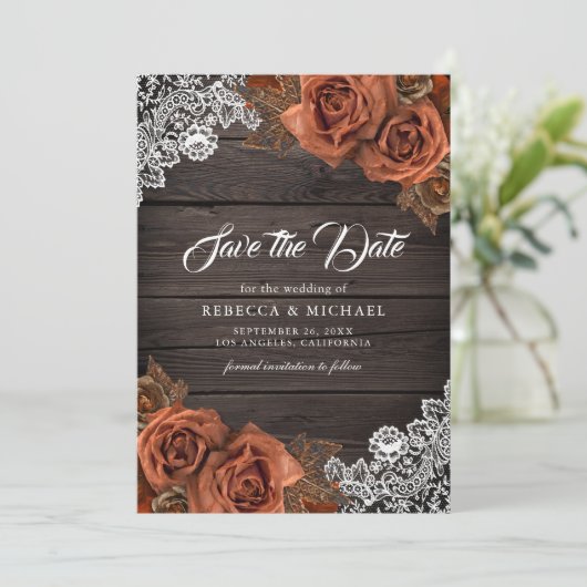 Rustiek Hout Dusty Terracotta Roos Trouwfoto Save The Date (Staand voorkant)